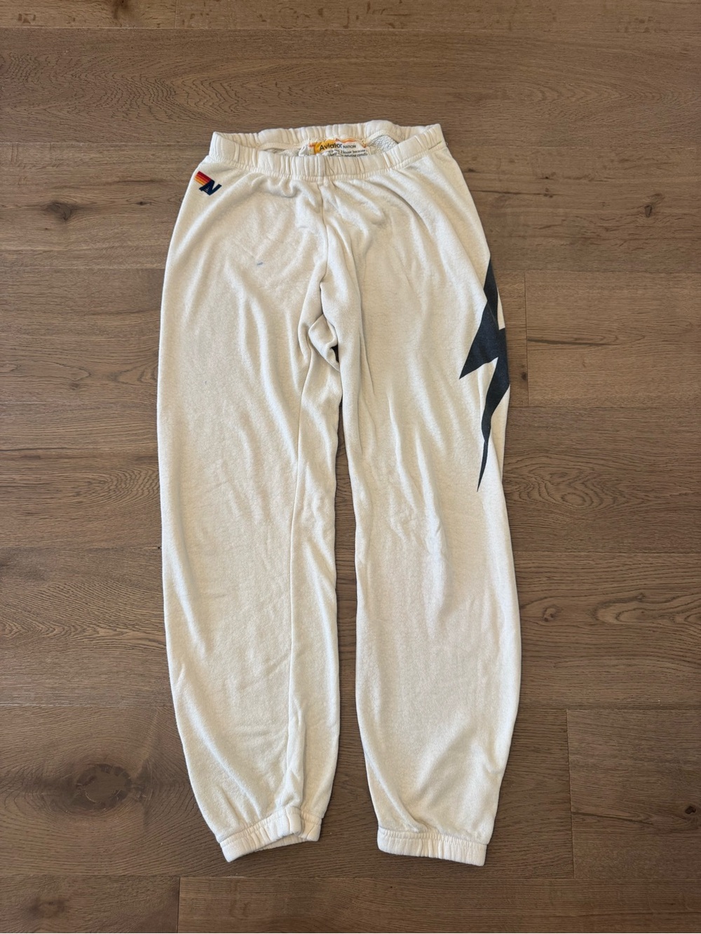 Aviator Nation White Sweatpants with Black Lightning Graphic